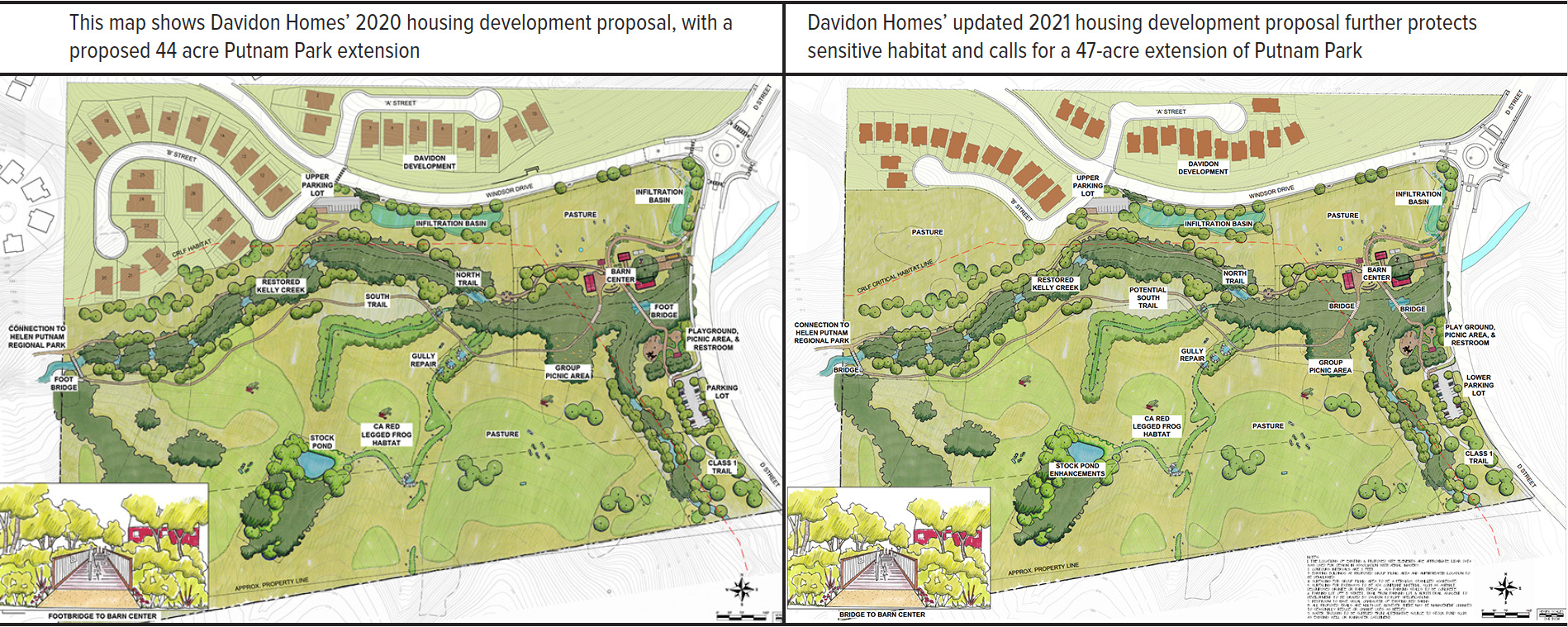 Side by side comparison of 2 versions of Map of proposed park extension and housing plan. Details include drawings of the proposed homes, new streets, riparian area around Kelly Creek, parking lots, and barn center. The map includes labels that show the two proposed infiltration basins, new trails, and other details.