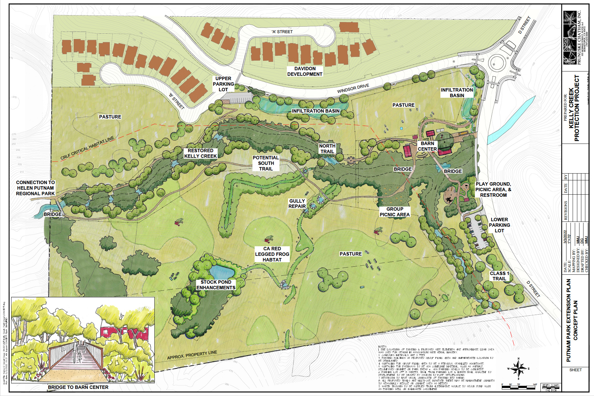 Map of proposed park extension and housing plan. Details include drawings of the proposed homes, new streets, riparian area around Kelly Creek, parking lots, and barn center. The map includes labels that show the two proposed infiltration basins, new trails, and other details. 
